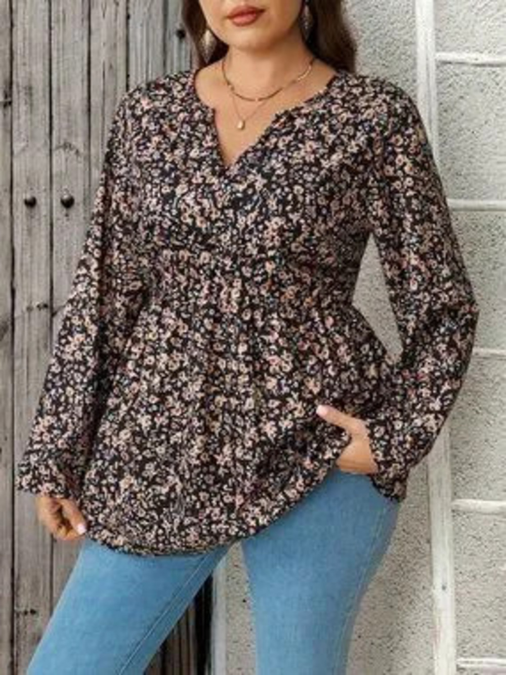 ZARA Multicolor Boho Women's Plus Size Floral Print Pleated Casual Blouse